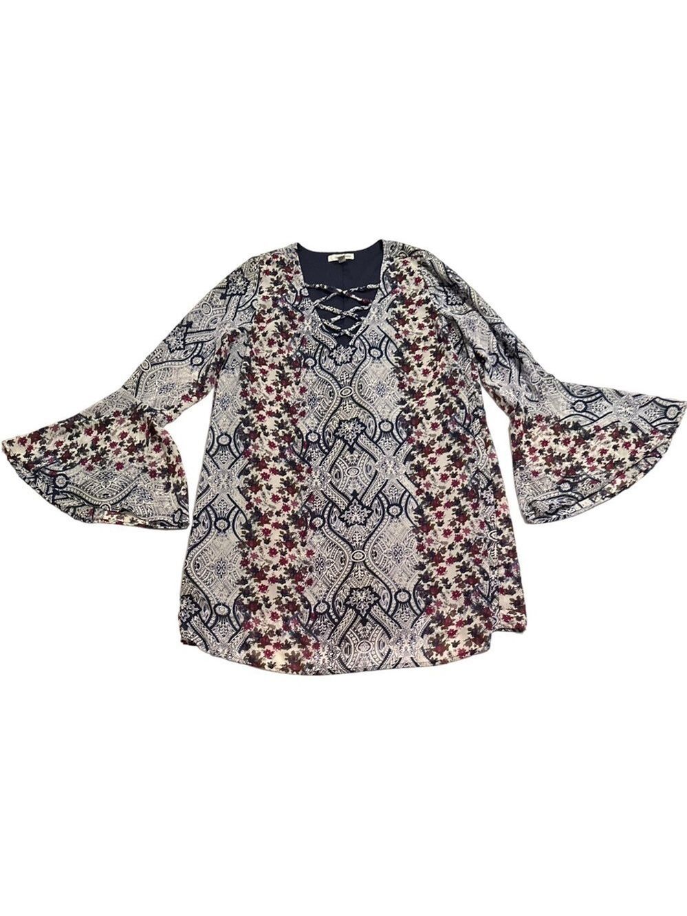 Retro Peasant Tunic Blouse Large Bell Sleeves Multicolored Flowers Blue Lining